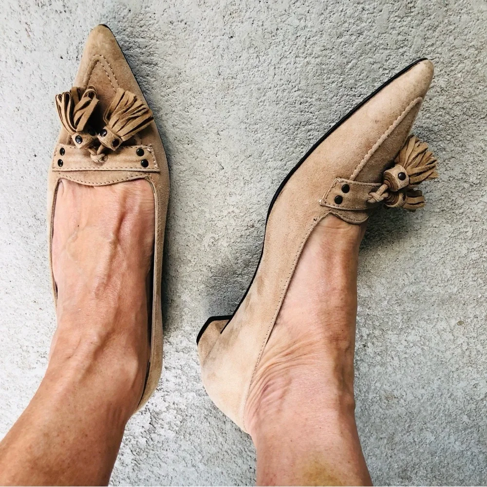J Crew Collection Italian Suede Leather Tassel Loafer Low Heel, Pump Women’s 6.5